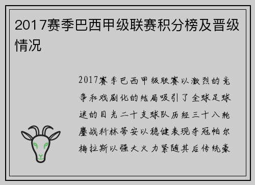 2017赛季巴西甲级联赛积分榜及晋级情况